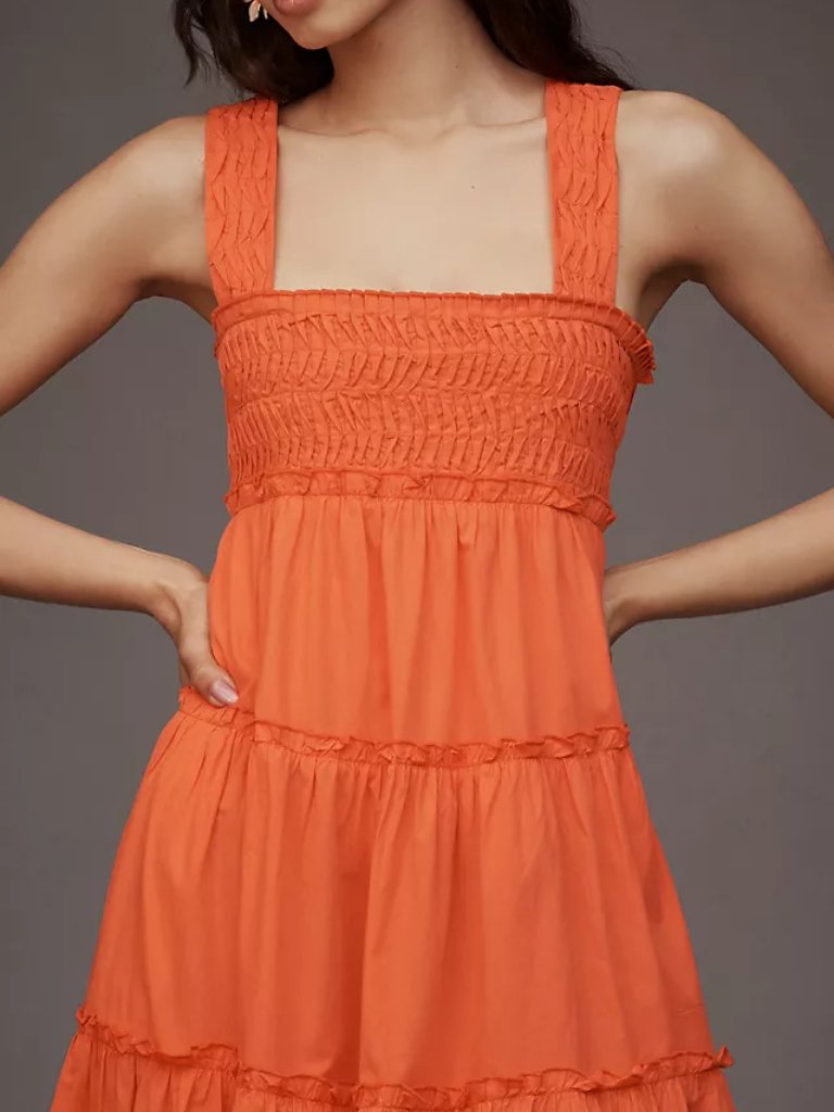 Anthropologie The Helena Square-Neck Smocked Tiered Midi Dress Nwt Hot Lava M